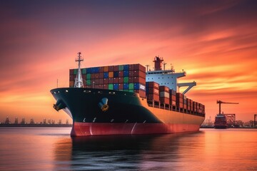 Container Cargo freight ship with working crane bridge at sunset, Logistics concept
