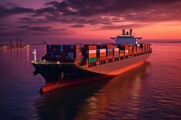 Container Cargo freight ship with working crane bridge at sunset, Logistics concept