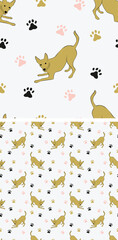 Seamless pattern with english toy terrier silhouettes and paws, holiday texture. Square format, t-shirt, poster, packaging, socks, textile, fabric, decoration, wrapping paper. Trendy hand-drawn dogs.