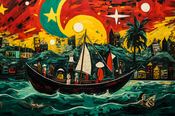 Fototapeta na wymiar boat on the sea, a great french colony, in the style of pop art style