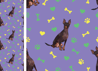 English toy terrier on a playful violet background with bones, hearts, paws. Funky, colorful vibe, vibrant palette. Simple, clean, modern texture. Summer seamless pattern with pets and dogs attributes