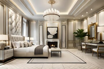 Luxury white beige master bedroom interior with make up table