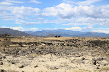 Riders in Tatacoa Desert in Colombia, 2 men in horses riding the desert