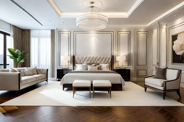 Luxury white beige master bedroom interior