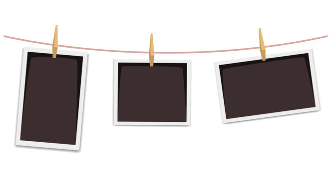 Photo frame picture image hang on rope concept. Vector graphic design illustration