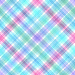 Watercolor stripe plaid seamless pattern. Color teal blue pink stripes background.