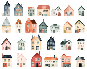 Set of watercolor scandinavian houses. Cute childish european buildings. Trendy scandi vector elements - obrazy, fototapety, plakaty