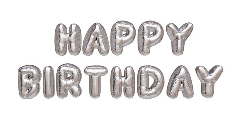 "Happy Birthday" phrase in the shape of a glittering silver metallic balloon. Stylish decoration for party social media. Realistic 3D graphic resource.