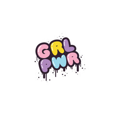 GRL PWR - lettering short slogan quote in cute retro graffiti style. Bubble hand drawn letters with black stroke and streaks of paint splashes. Vector isolate on white background.