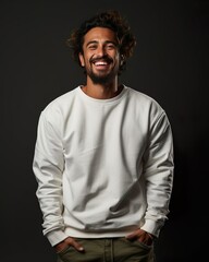 Smilling Young man wearing white sweatshirt mockup, at dark background. Design pullover template, print presentation mock-up with  AI generated.