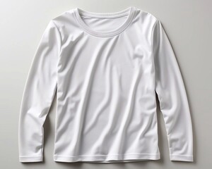 Plain white long sleeved t-shirt mock up on white background. Top view, ai generation