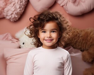 Portrait of smilling girl on pink bedroom background. AI generated