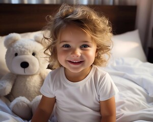 Smilling baby wearing in white  t-shirt, sitting in bed with toys.  Print presentation mock-up with AI generated