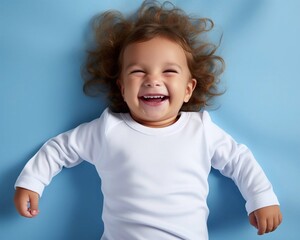 Happy baby, wearing white longsleeve bodysuit mockup, lying on blue background. Print presentation mock-up. AI generation. AI generated