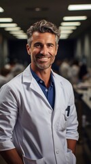 Portrait of mature doctor in clinic corridor with AI generation