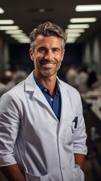 Portrait of mature doctor in clinic corridor with AI generation