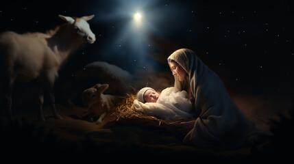 Nativity scene: Saint Mary with the newborn Jesus Christ in a manger, animals in a stable....