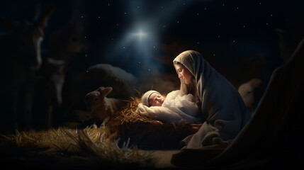 Nativity scene: Saint Mary with the newborn Jesus Christ in a manger, animals in a stable. Christian Religious Christmas Illustration