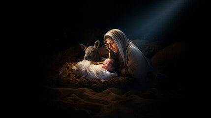 Nativity scene: Saint Mary with the newborn Jesus Christ in a manger, animals in a stable. Christian Religious Christmas Illustration
