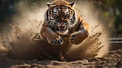 Rolgordijnen An aggressive tiger runs on the sand and download to the camera © Andriy