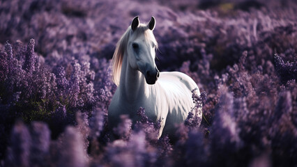Obraz na płótnie Canvas A white horse in a field of purple flowers.