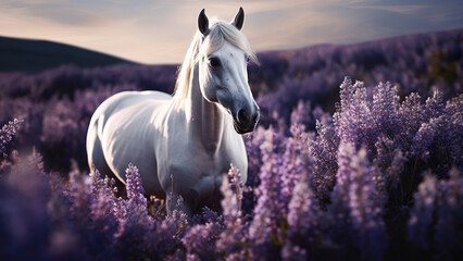 A white horse in a field of purple flowers.