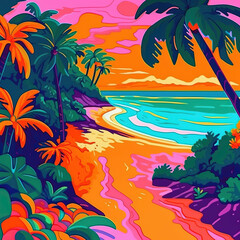 Fototapeta na wymiar Abstract coast at sunset, bright neon matisse style, ai colorful gouache illustration, cartoon summer landscape, sea ocean palms, vacation. Modern fashion background created by artificial intelligence