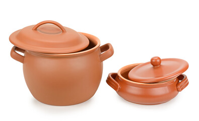 Two clay pots with lids isolated on white