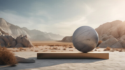 A Marble Sphere Atop a Platform Set Against a Desert Mountain Landscape With Space For Print