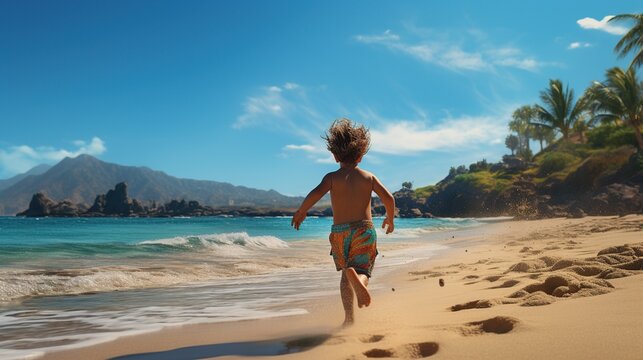 little boy is running on the beach