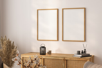 Double wooden frame mockup in boho living room interior background, 3d render