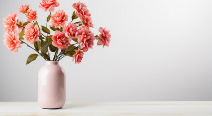 pink flowers in a vase on a white table