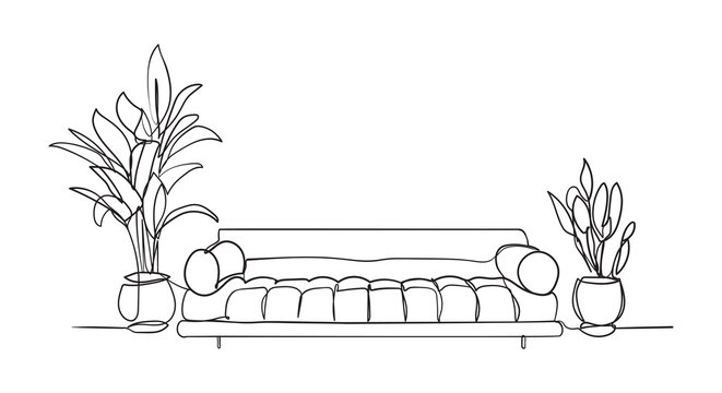 recommend clip art: Continuous one line drawing of sofa and with potted plants. Scandinavian stylish furniture in simple linear style. Vector illustration