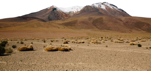 A rock formation in the desert. Light breed. Mountain with snow isolated on white background. 
