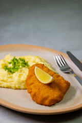 Typical Czech cuisine chicken cutlet with mashed potatoes