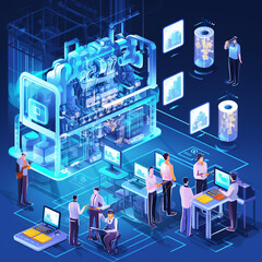 Smart Industry 4.0: Connecting Users to Cyber-Physical Systems through Automation and User Interface - Vector Illustration of a Production Line with Workers and Tablets Sharing Data
