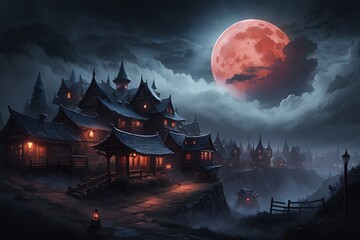 Dark spooky foggy night over fantasy village with red moon in the sky