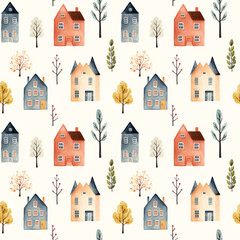 Scandinavian houses seamless pattern. Cute watercolor buildings and trees. Trendy scandi print, decorative vector background