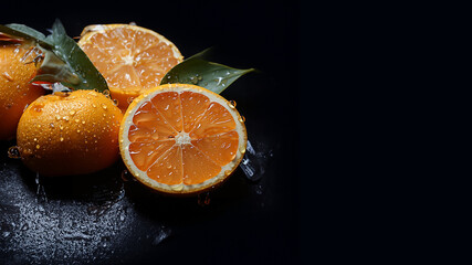 Orange frisch und halbiert mit Wasser auf schwarzen Untergrund Nahaufnahme, ai generativ