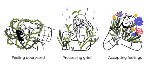 Mental health and psychology concept llustrations. Overwhelming and trapped feelings, intrusive thoughts. Visual Stories Collection.