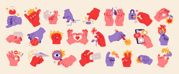 Various Hands holding things. Different gestures. Hand drawn colored trendy Vector illustration - 629226143