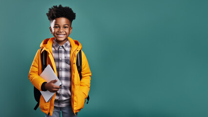 Hübscher afroamerikanischer Junge mit Schulunterlagen in der Hand lacht, ai generativ - obrazy, fototapety, plakaty