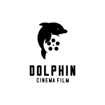 vector logo of a jumping dolphin carrying a roll of film, cinema and animal logo