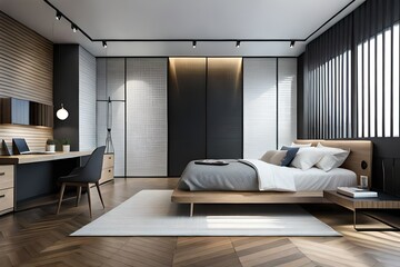 Naklejka na ściany i meble Loft and modern bedroom in black with tv screen mockup / 3D render image