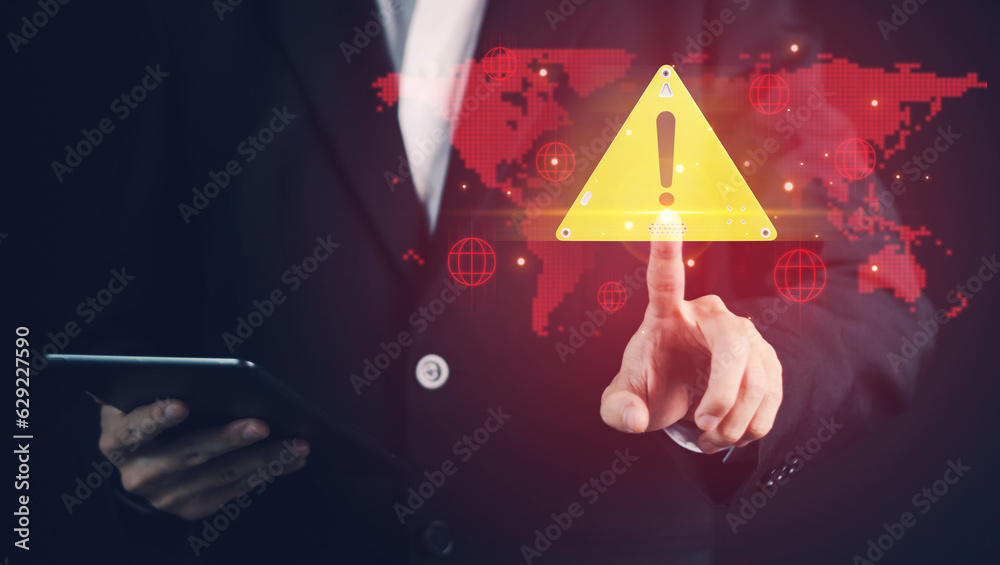 Wall mural system hacked warning alert on tablet. cyber attack on computer network, virus, spyware, malware or 