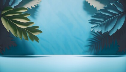 Fototapeta na wymiar background with tree leaves, abstract gentle light blue background for product presentation with tropical tree leaves, illustration, AI Generated