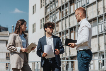 Young business people discussing and working outdoors