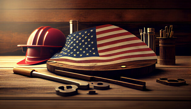 Labor Day concept. Independence day of American flags and labors accessories scrow hammer and wooden table, Ai generated image