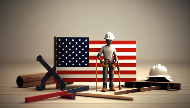 Labor Day concept. Independence day of American flags and labors accessories scrow hammer and wooden table, Ai generated image