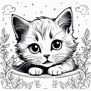 Gato adorable con ojos grandes y bonitos para colorear y pintar